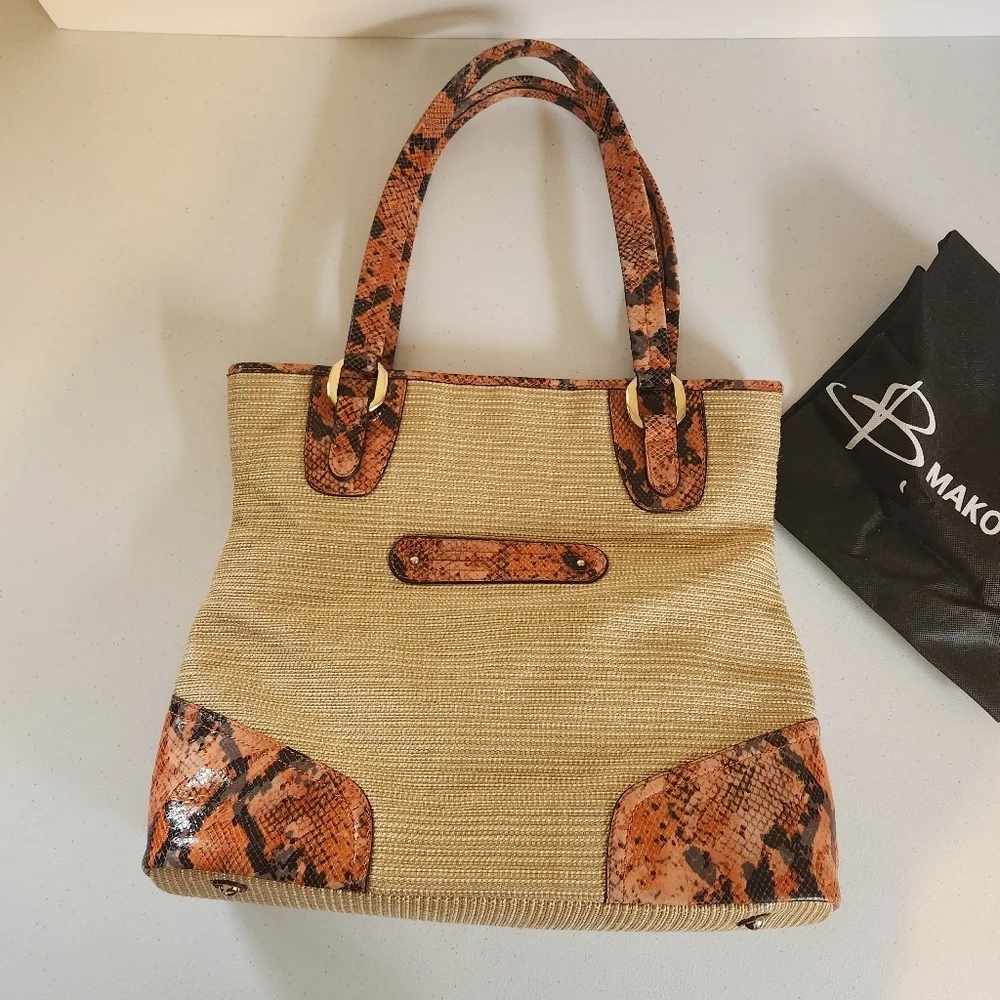 B Makowsky Leather Snake Large Shoulder Mansfield Tote Handbag Woven Purse New - Picture 5 of 10